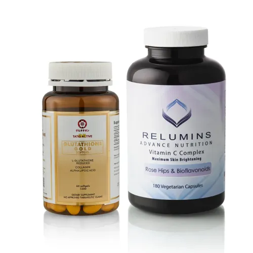 Tatiomax Gold Glutathione 1200mg Whitening Gel Capsules & Relumins Vitamin C MAX Stack