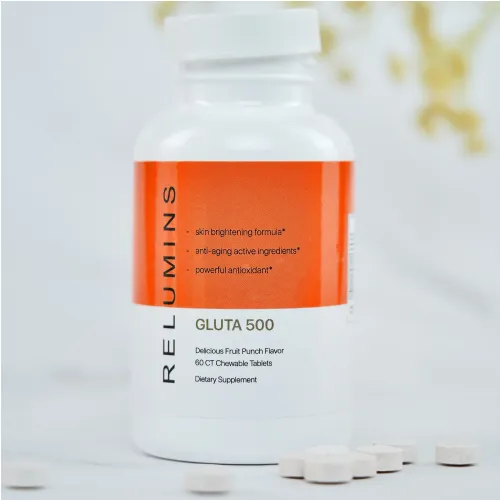 New Relumins Gluta 500 - Chewable Glutathione Complex With Advanced Skin Nutrition - Hyaluronic Acid, Vit C, Biotin plus 4 powerful actives - Fruit Punch Flavored Chewable Tablets