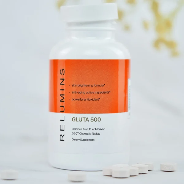 New Relumins Gluta 500 - Chewable Glutathione Complex With Advanced Skin Nutrition - Hyaluronic Acid, Vit C, Biotin plus 4 powerful actives - Fruit Punch Flavored Chewable Tablets