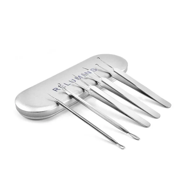 Relumins Pro Clear 5 piece Blemish, Pimple Comedone Extractor Tool Best Acne Removal Kit - Treatment for Blemish, Whitehead Popping, Zit Removing for Risk Free Nose Face Skin with Metal Case